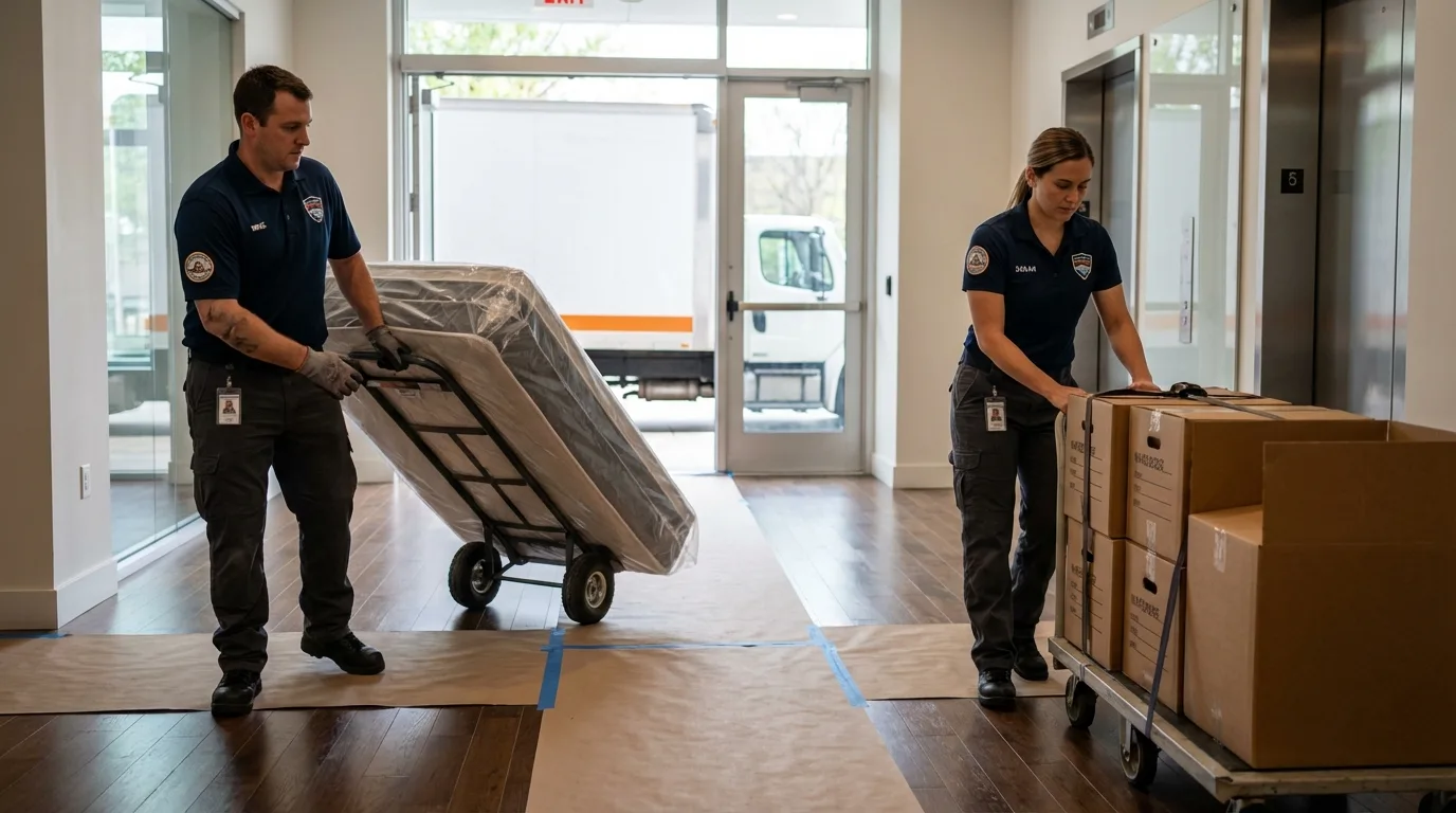 Professional apartment movers loading elevator in Jackson, GA